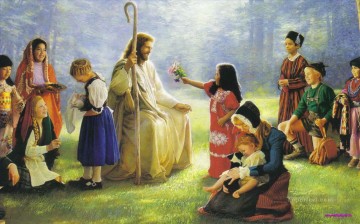  child painting - Christ and children on grassland